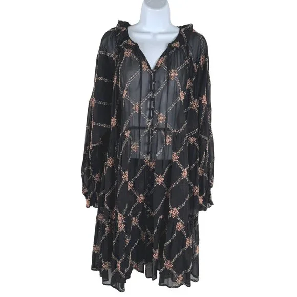 Johnny Was Jackie Mini Dress Large Black Sheer Embroidered Boho Rayon DR-1817 - Picture 3 of 9